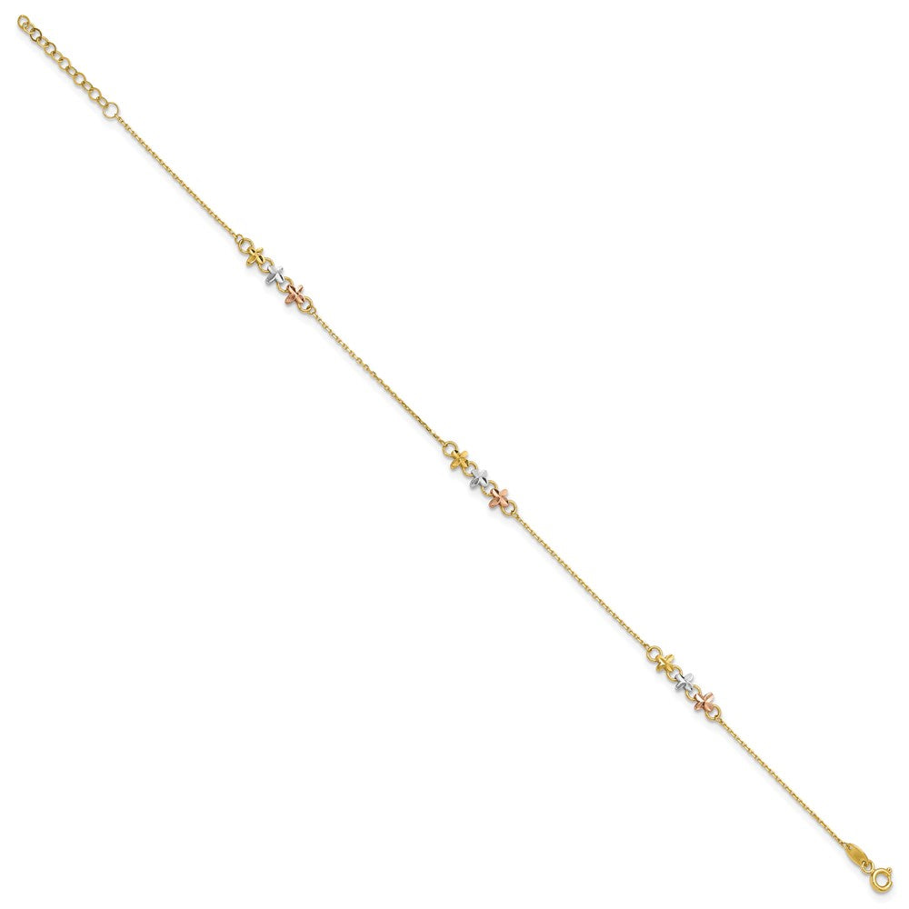 14K Two-tone w/White Rhod Flowers 9in Plus 1in ext Anklet