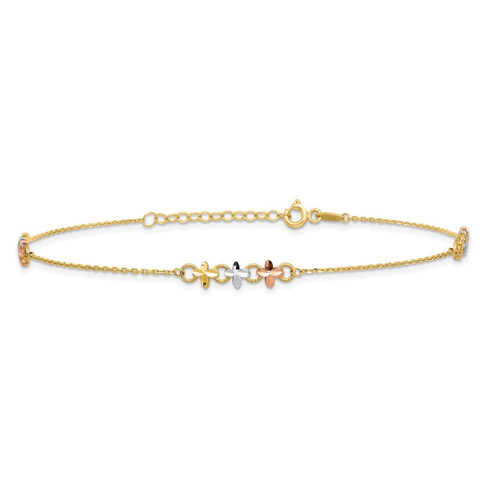 14K Two-tone w/White Rhod Flowers 9in Plus 1in ext Anklet