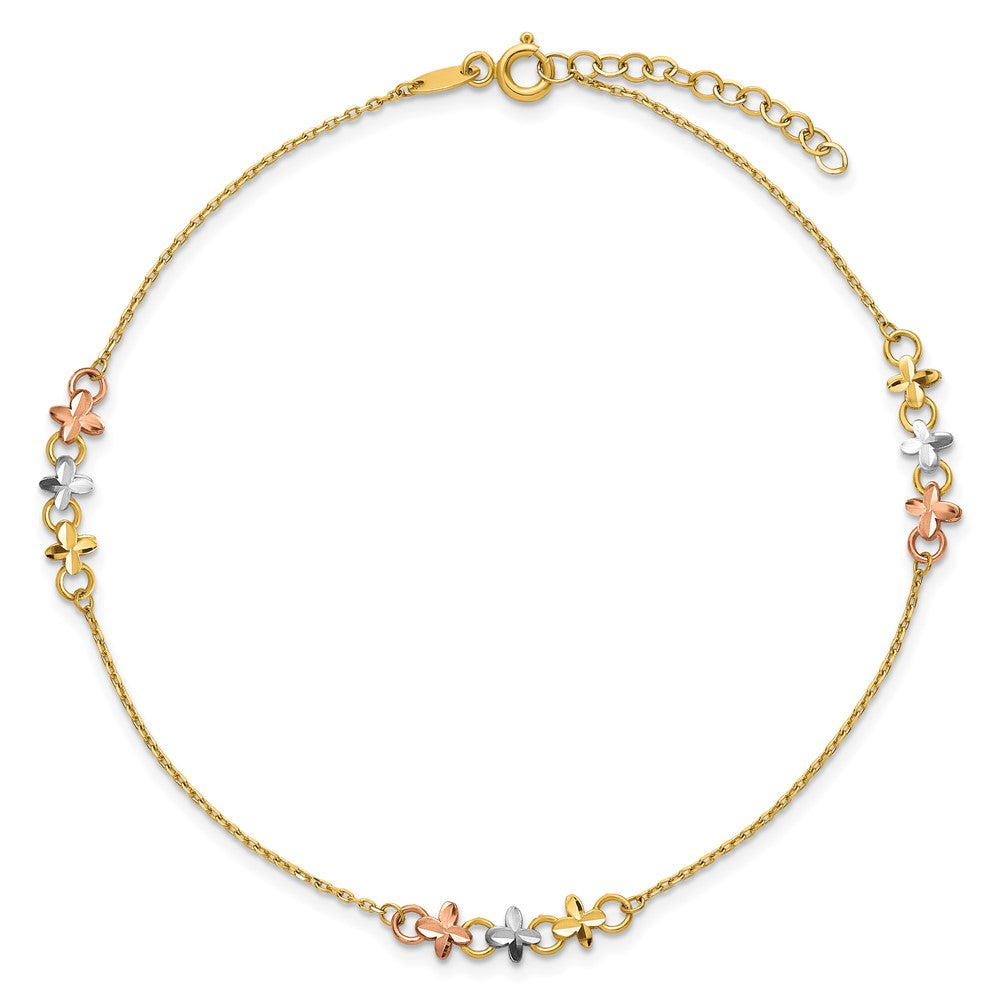 14K Two-tone w/White Rhod Flowers 9in Plus 1in ext Anklet