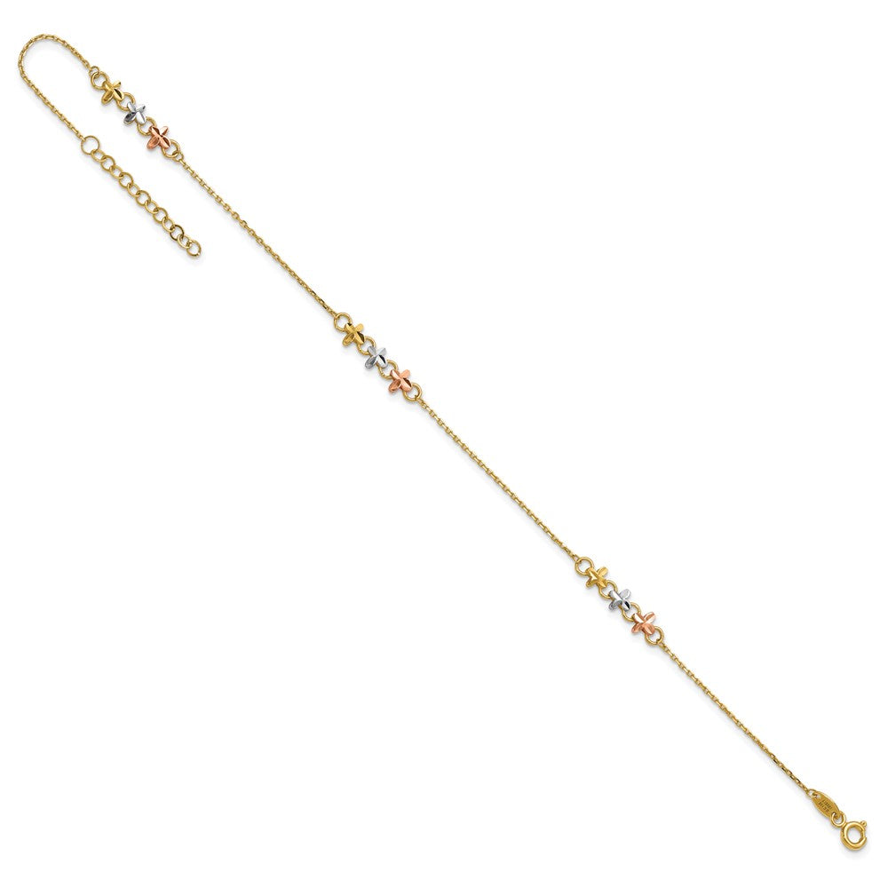 14K Two-tone w/White Rhod Flowers 9in Plus 1in ext Anklet