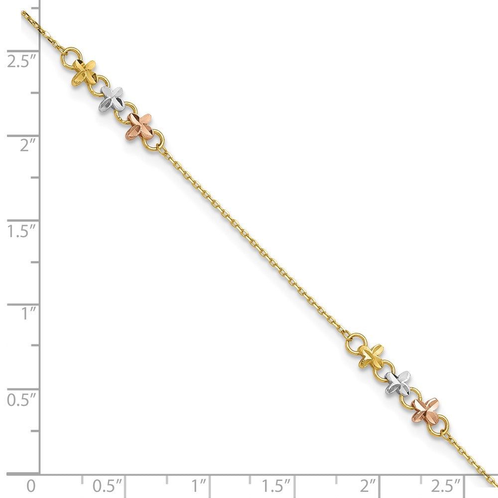 14K Two-tone w/White Rhod Flowers 9in Plus 1in ext Anklet