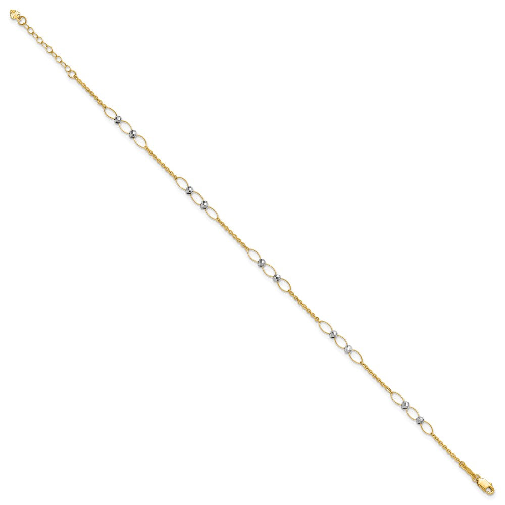 14k Two-tone Polished Oval Link Beads 9in Plus 1in ext. Anklet