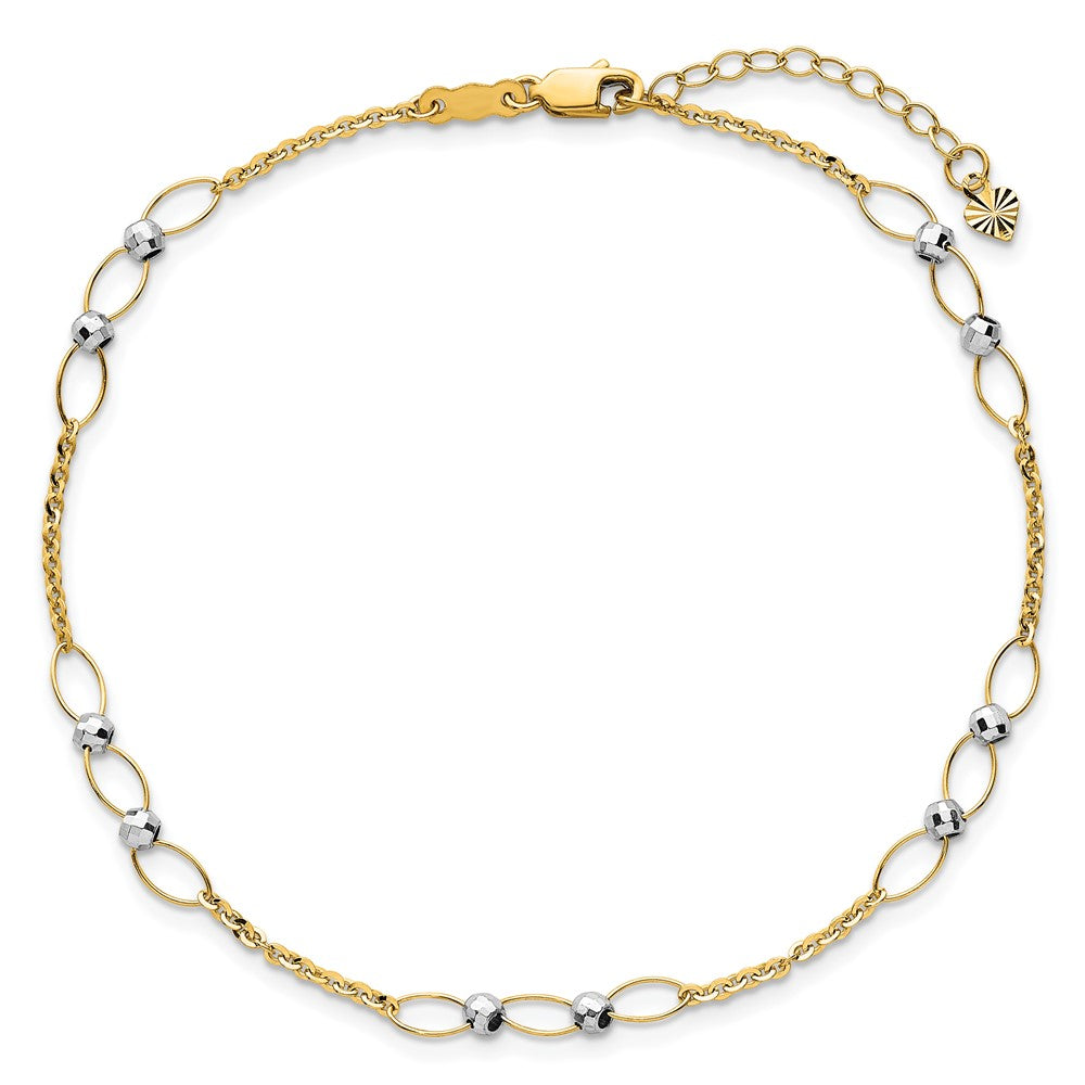 14k Two-tone Polished Oval Link Beads 9in Plus 1in ext. Anklet