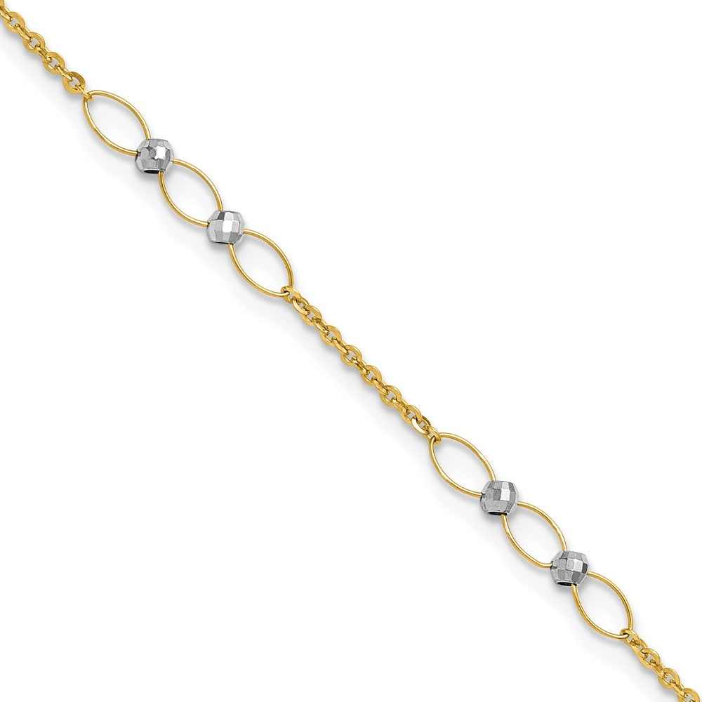 14k Two-tone Polished Oval Link Beads 9in Plus 1in ext. Anklet