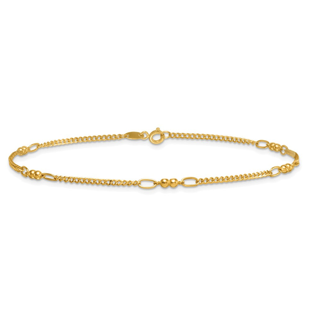 14K Polished Beaded Mixed Link 10in Anklet