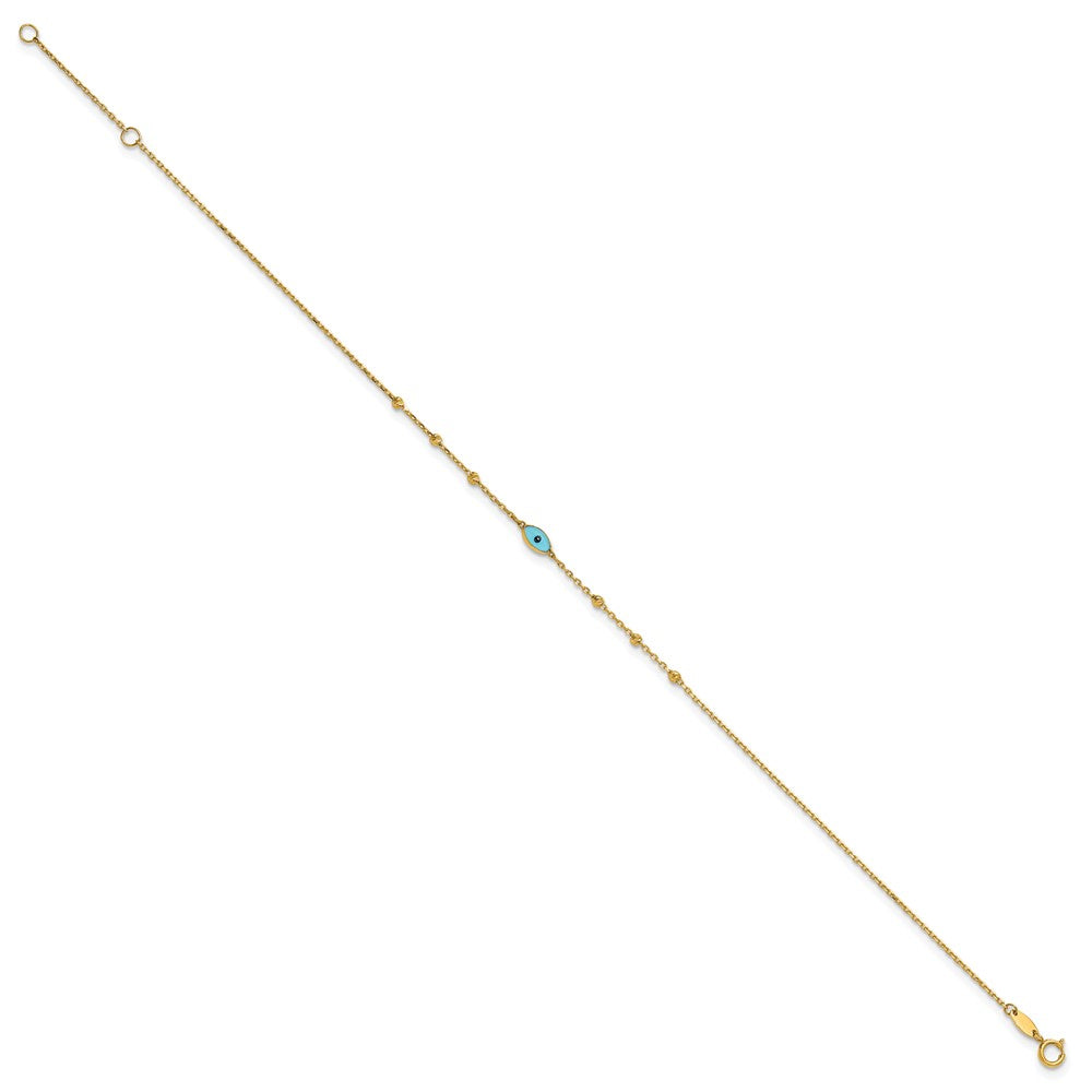 14k Diamond-cut Stations Blue Glass Evil Eye 9in Plus 1in ext. Anklet