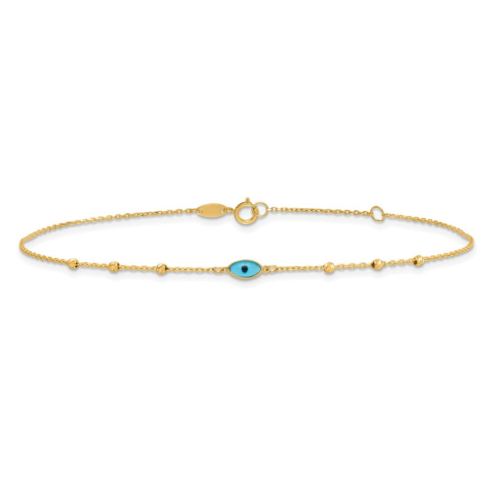 14k Diamond-cut Stations Blue Glass Evil Eye 9in Plus 1in ext. Anklet