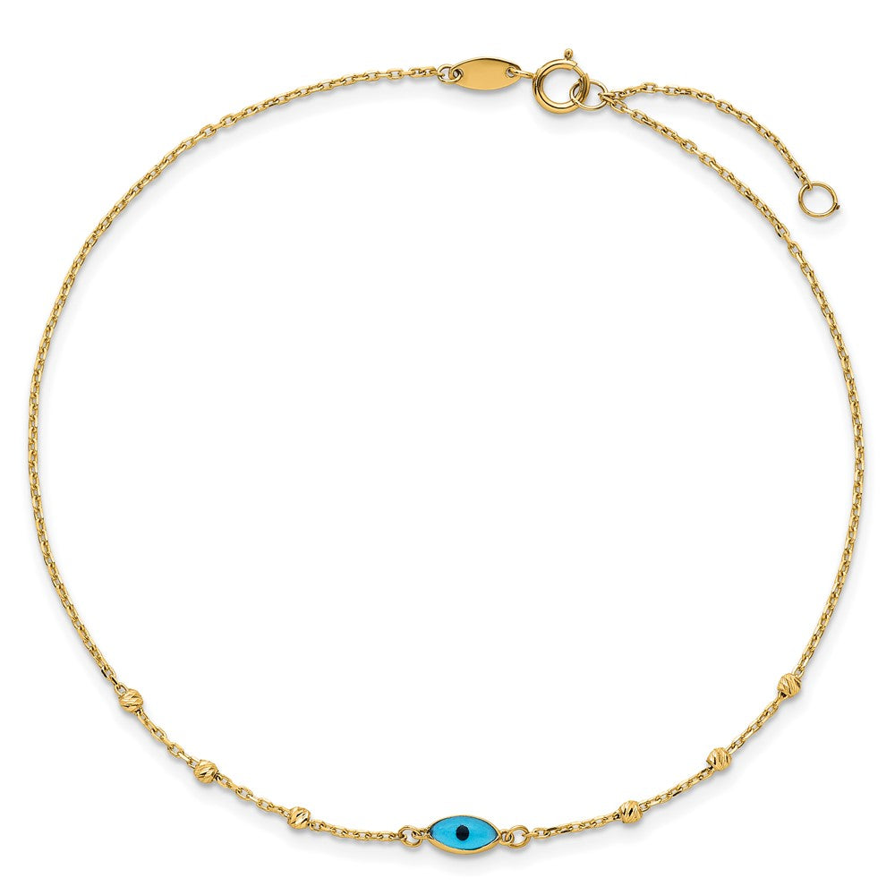 14k Diamond-cut Stations Blue Glass Evil Eye 9in Plus 1in ext. Anklet