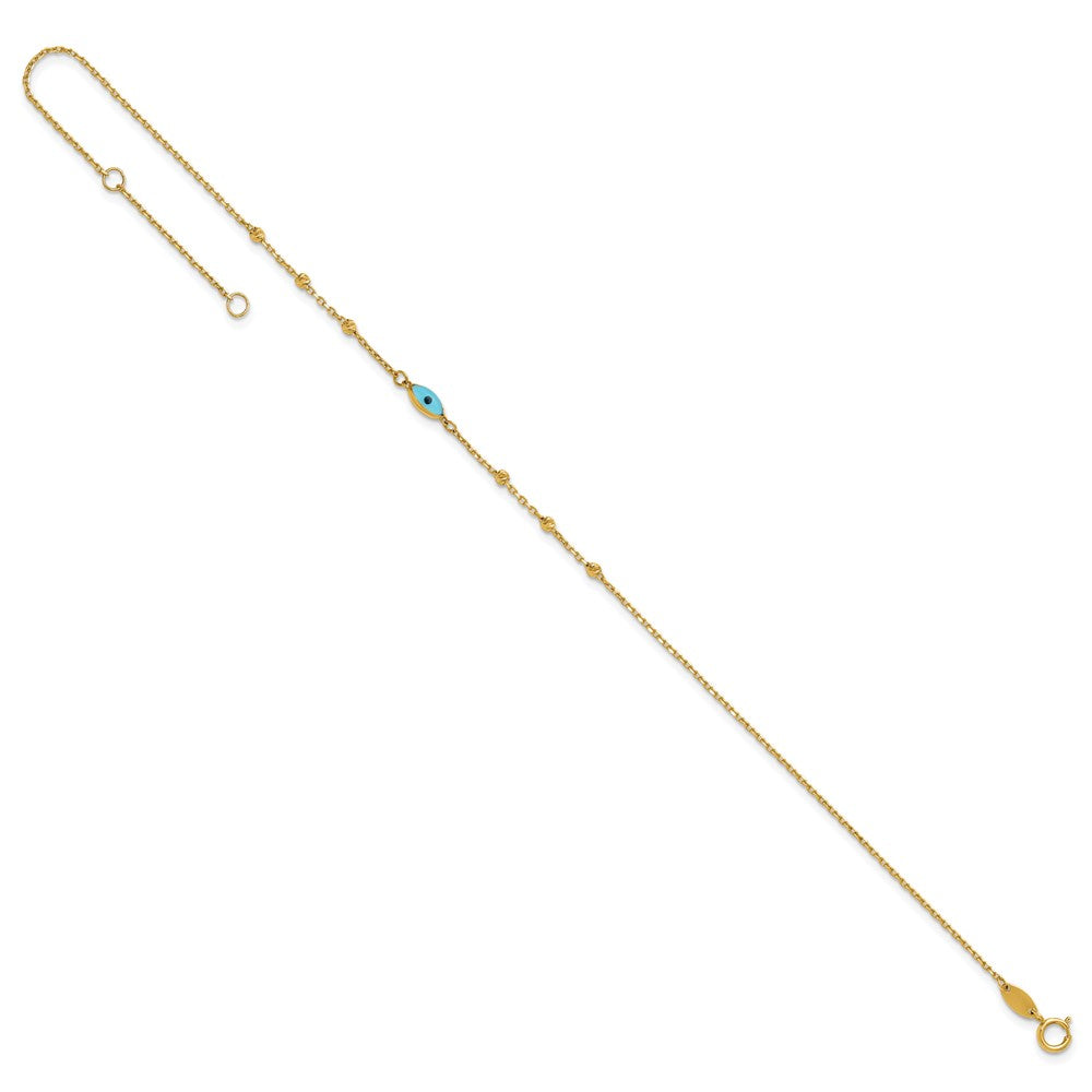 14k Diamond-cut Stations Blue Glass Evil Eye 9in Plus 1in ext. Anklet