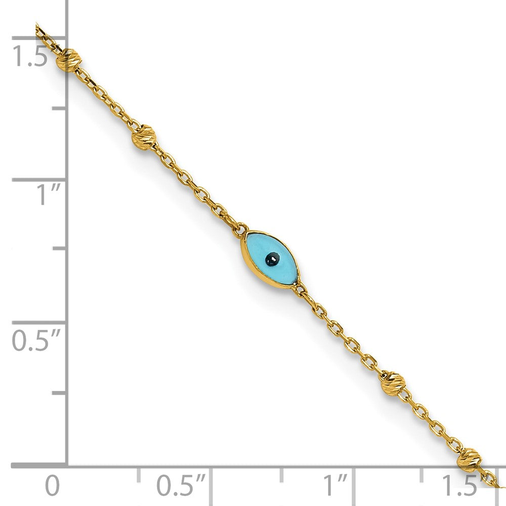 14k Diamond-cut Stations Blue Glass Evil Eye 9in Plus 1in ext. Anklet