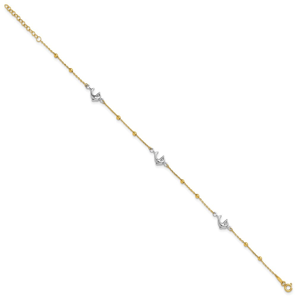 14K Two-tone Polished Bead & Dolphin 9in Plus 1in ext Anklet