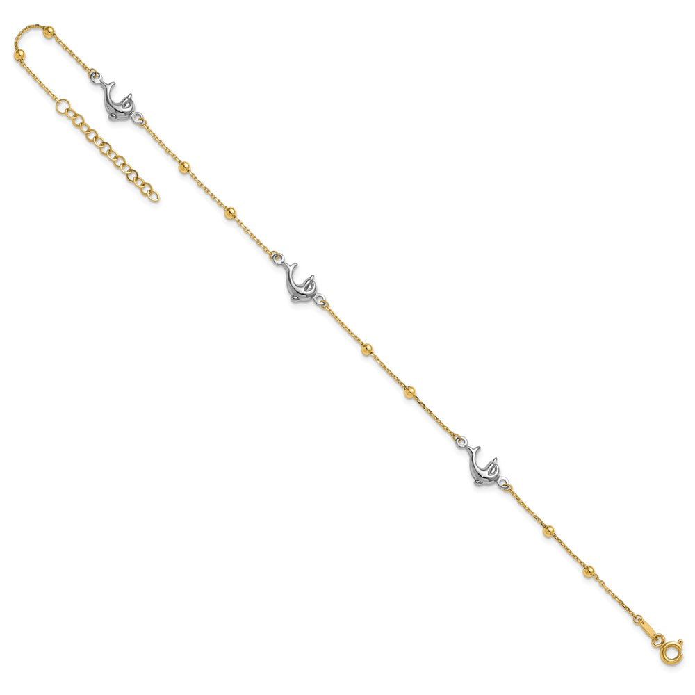 14K Two-tone Polished Bead & Dolphin 9in Plus 1in ext Anklet