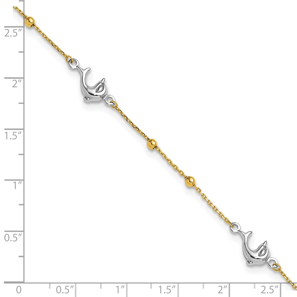 14K Two-tone Polished Bead & Dolphin 9in Plus 1in ext Anklet