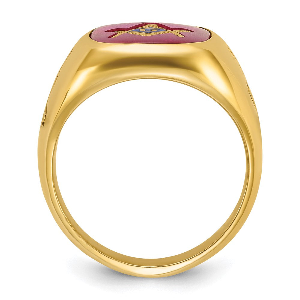 14k IBGoodman Men's Grooved w/ Lab Cr. Ruby Blue Lodge Masonic Ring