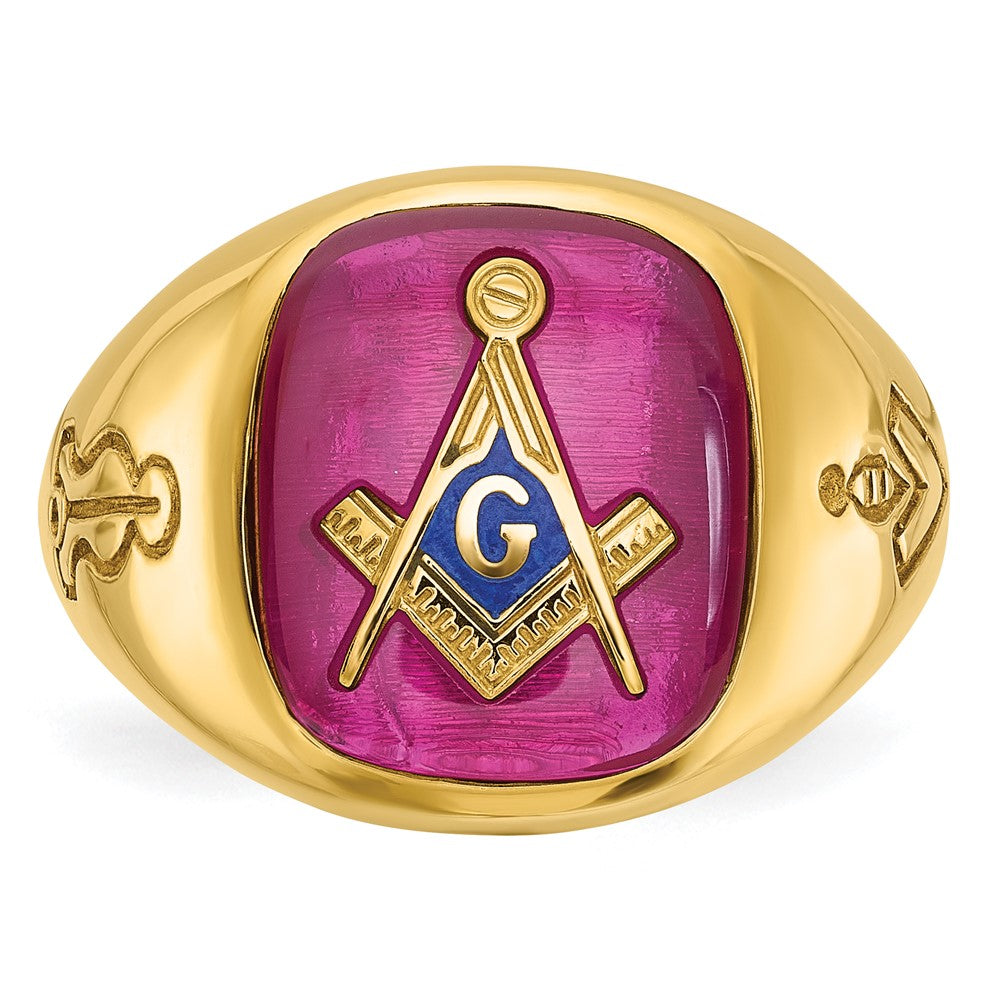 14k IBGoodman Men's Grooved w/ Lab Cr. Ruby Blue Lodge Masonic Ring