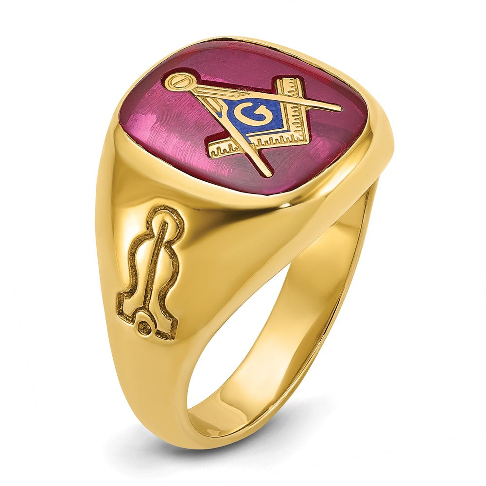 14k IBGoodman Men's Grooved w/ Lab Cr. Ruby Blue Lodge Masonic Ring