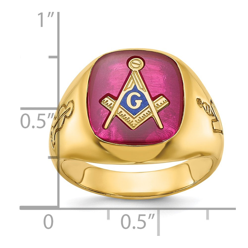 14k IBGoodman Men's Grooved w/ Lab Cr. Ruby Blue Lodge Masonic Ring