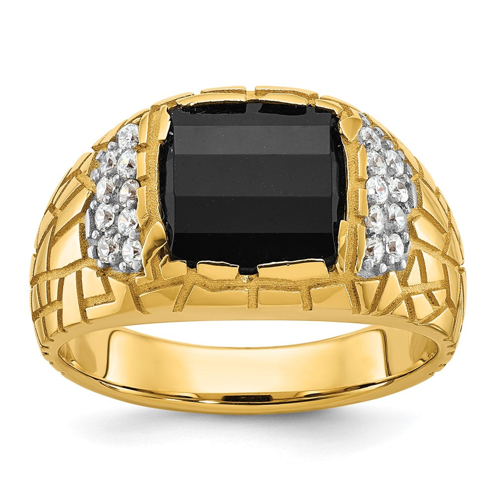 10k IBGoodman Men's Polished Nugget Texture Onyx & Diamond Ring