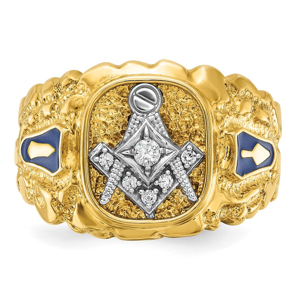 14ktt IBGoodman Nugget Textured Diamond Blue Lodge Masonic Ring
