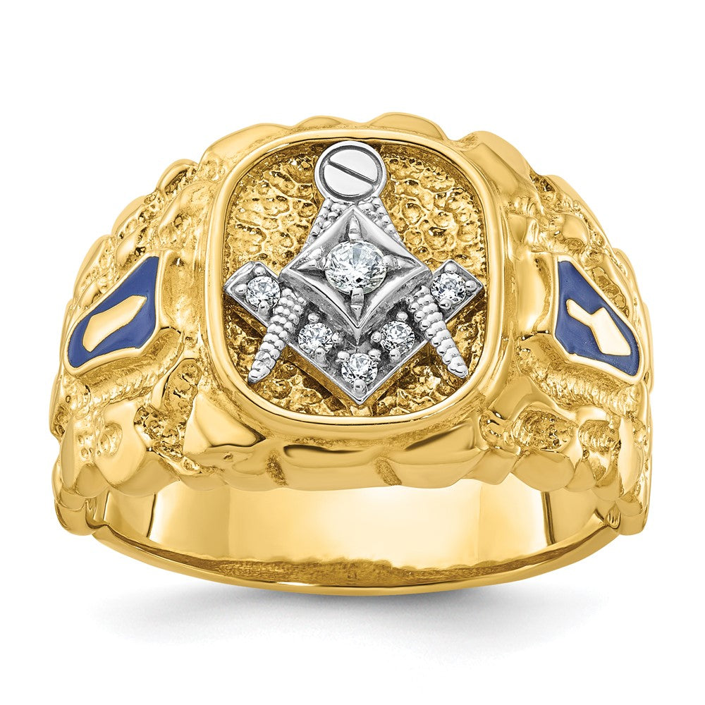 14ktt IBGoodman Nugget Textured Diamond Blue Lodge Masonic Ring