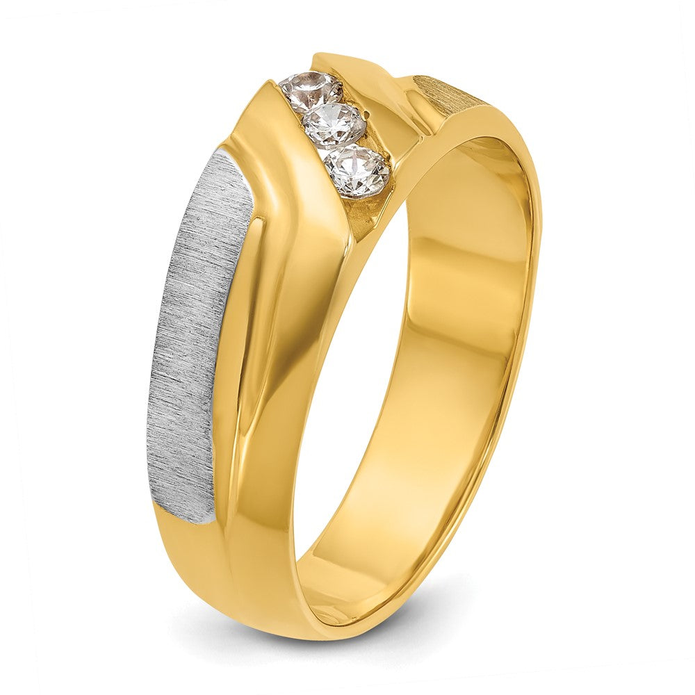 14ktt IBGoodman Men's Polished Satin & Grooved 3-Stone Diamond Ring