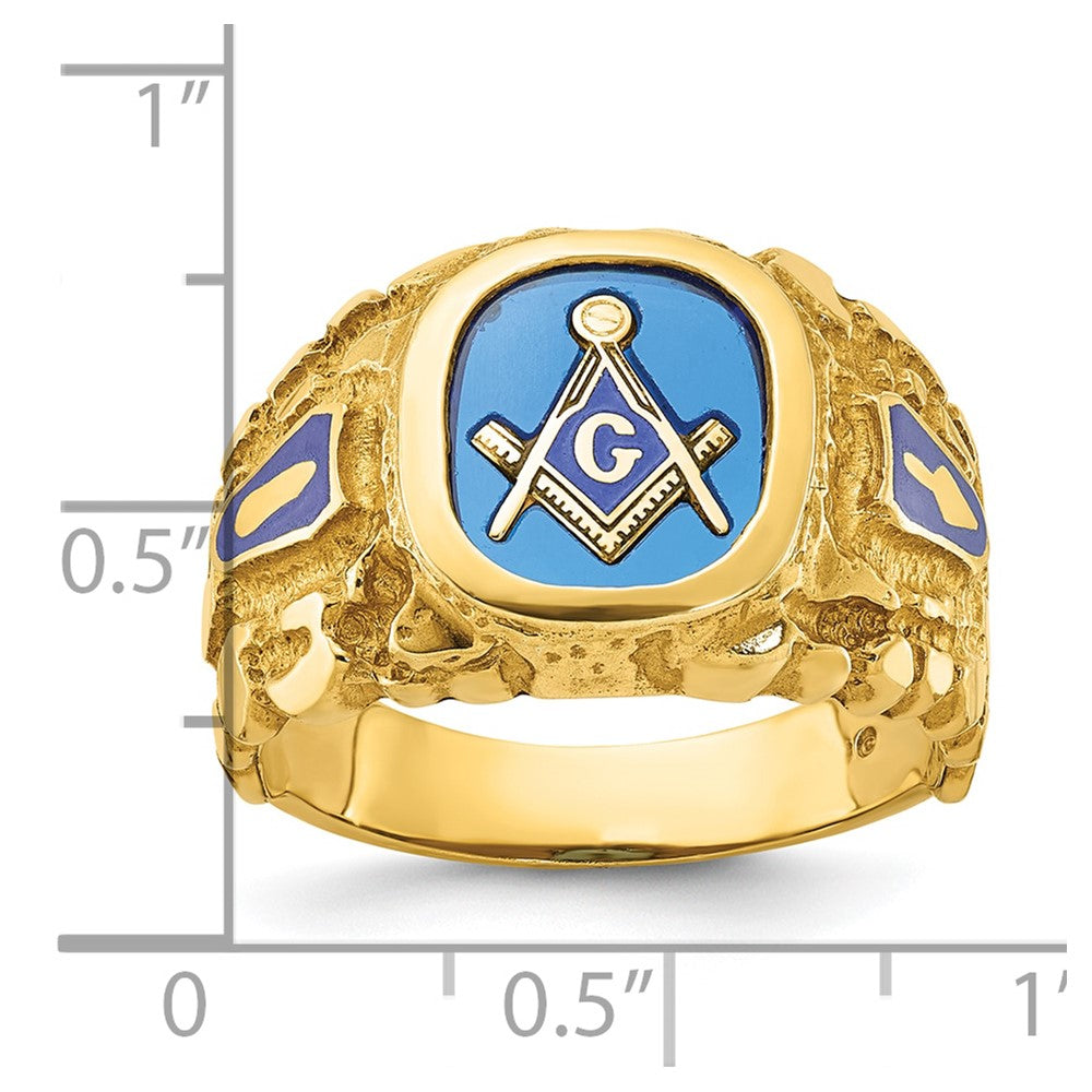 10k IBGoodman Men's Nugget Texture & Created Sapphire Masonic Ring