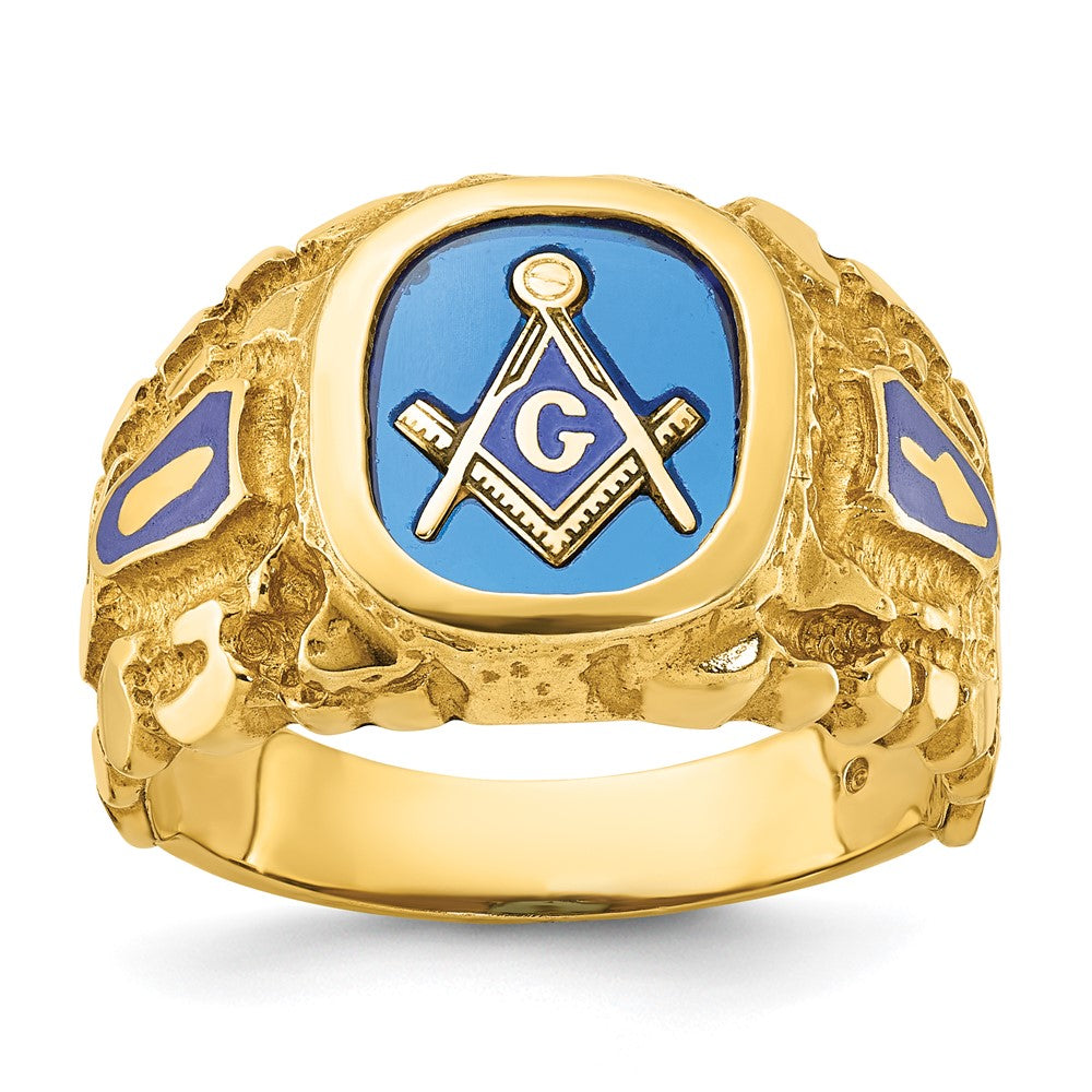 10k IBGoodman Men's Nugget Texture & Created Sapphire Masonic Ring