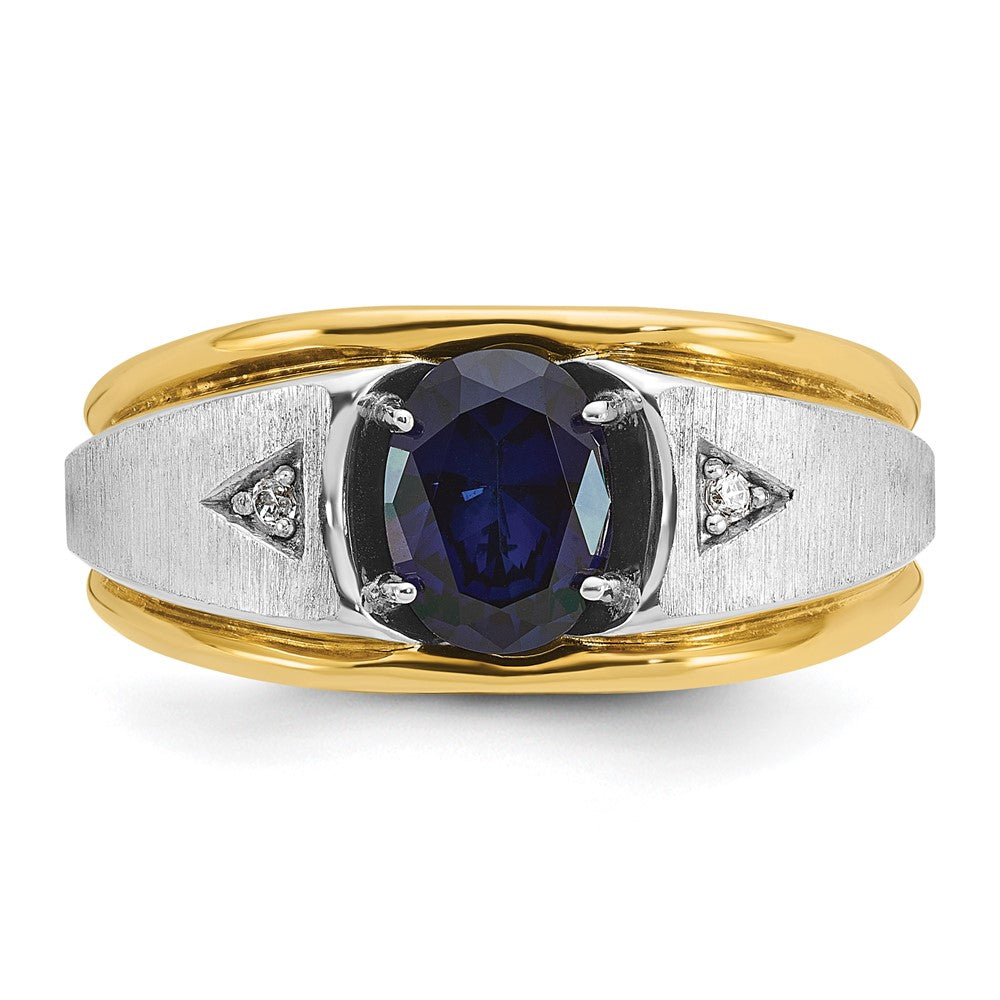 14ktt IBGoodman Men's Satin Lab Created Sapphire & AA Diamond Ring