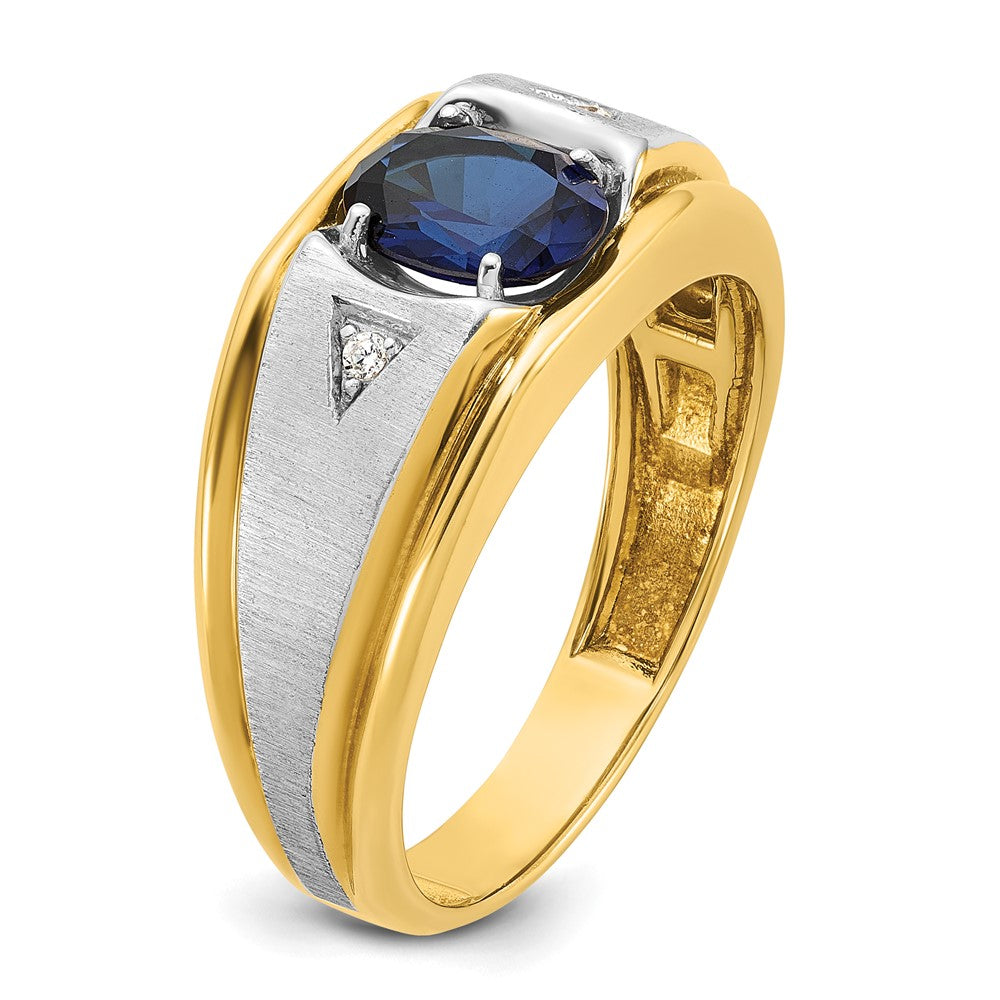 14ktt IBGoodman Men's Satin Lab Created Sapphire & AA Diamond Ring
