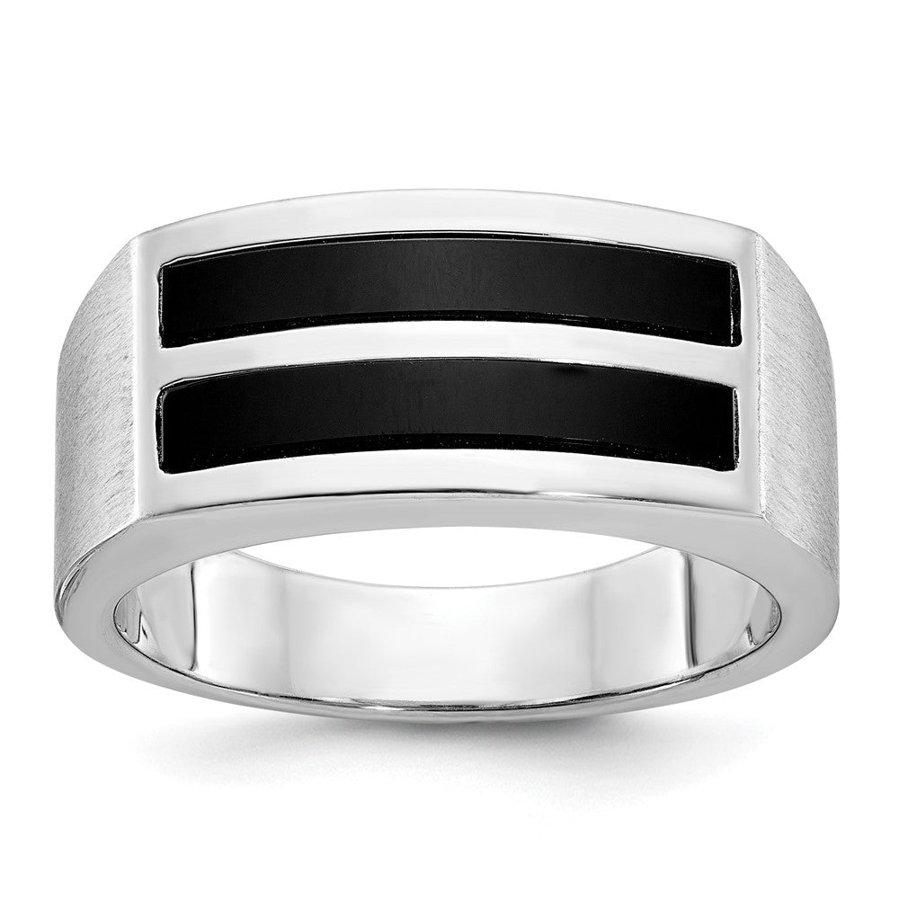 14k White Gold IBGoodman Men's Polished and Satin 2-Row Onyx Ring