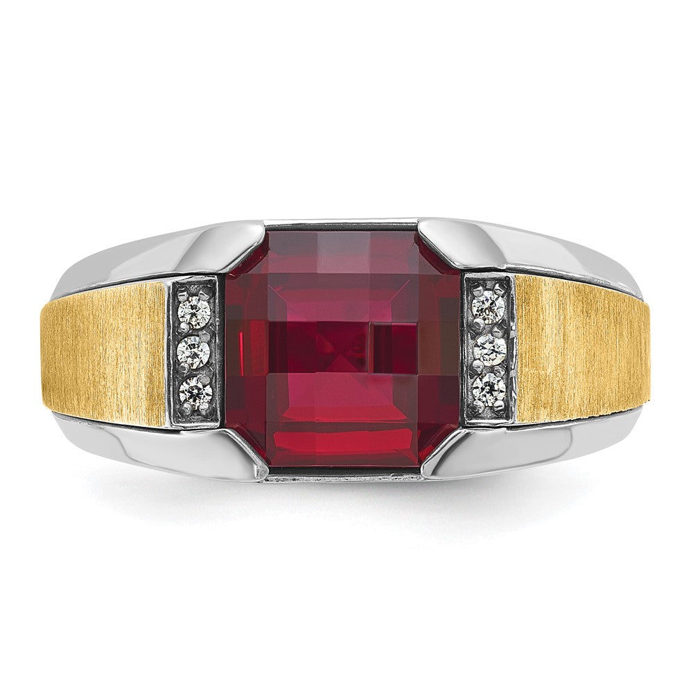 14ktt IBGoodman Men's Polished & Satin Lab Cr. Garnet & Dia Ring