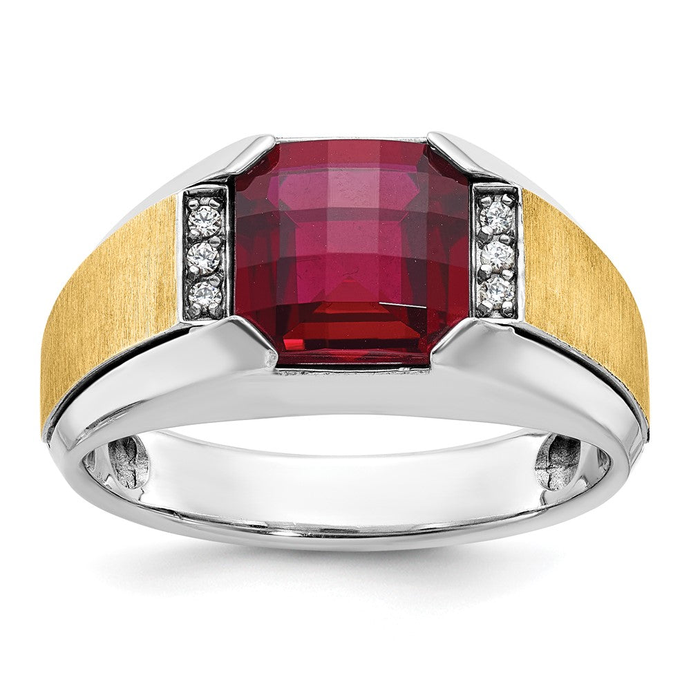14ktt IBGoodman Men's Polished & Satin Lab Cr. Garnet & Dia Ring