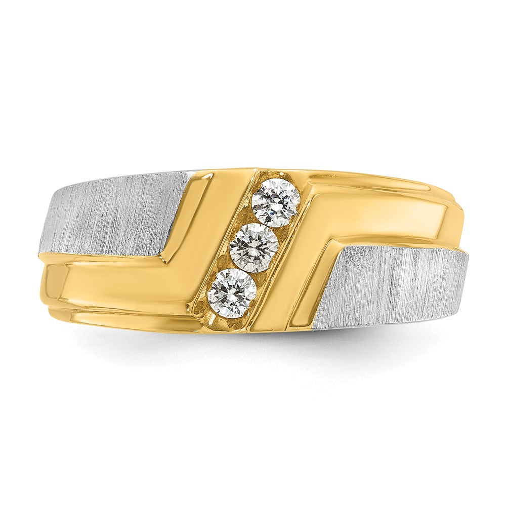 14ktt IBGoodman Men's Polished Satin & Grooved 3-Stone Diamond Ring