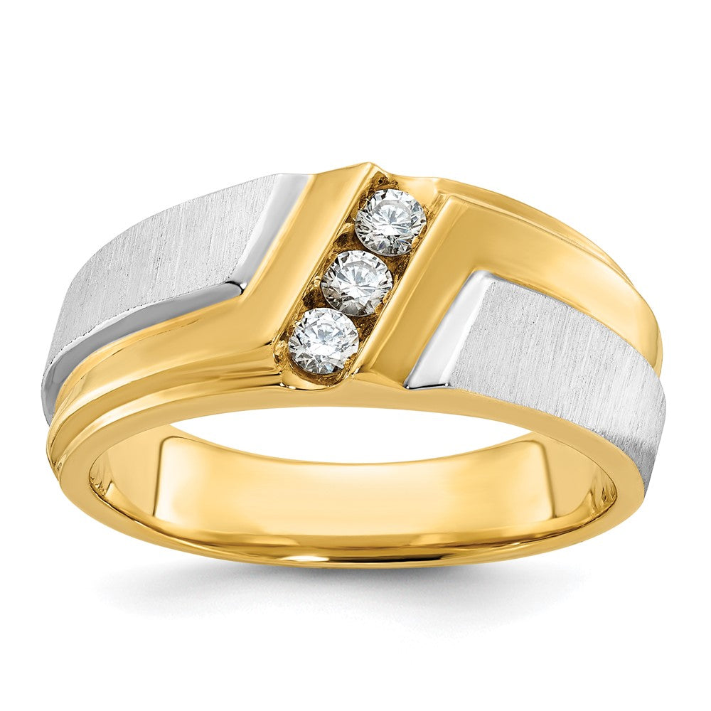 14ktt IBGoodman Men's Polished Satin & Grooved 3-Stone Diamond Ring