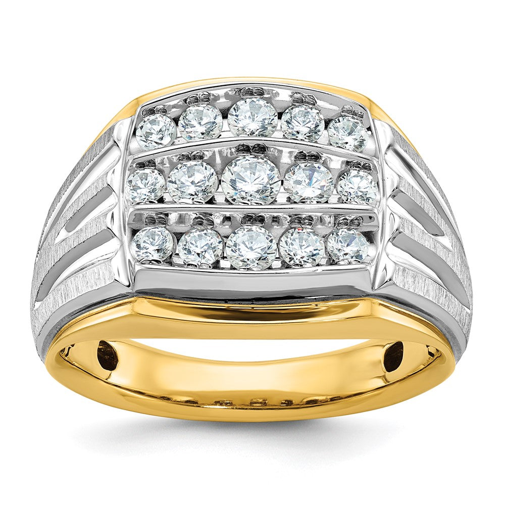 14ktt IBGoodman Men's Polished Satin & Grooved 3-Row Diamond Ring
