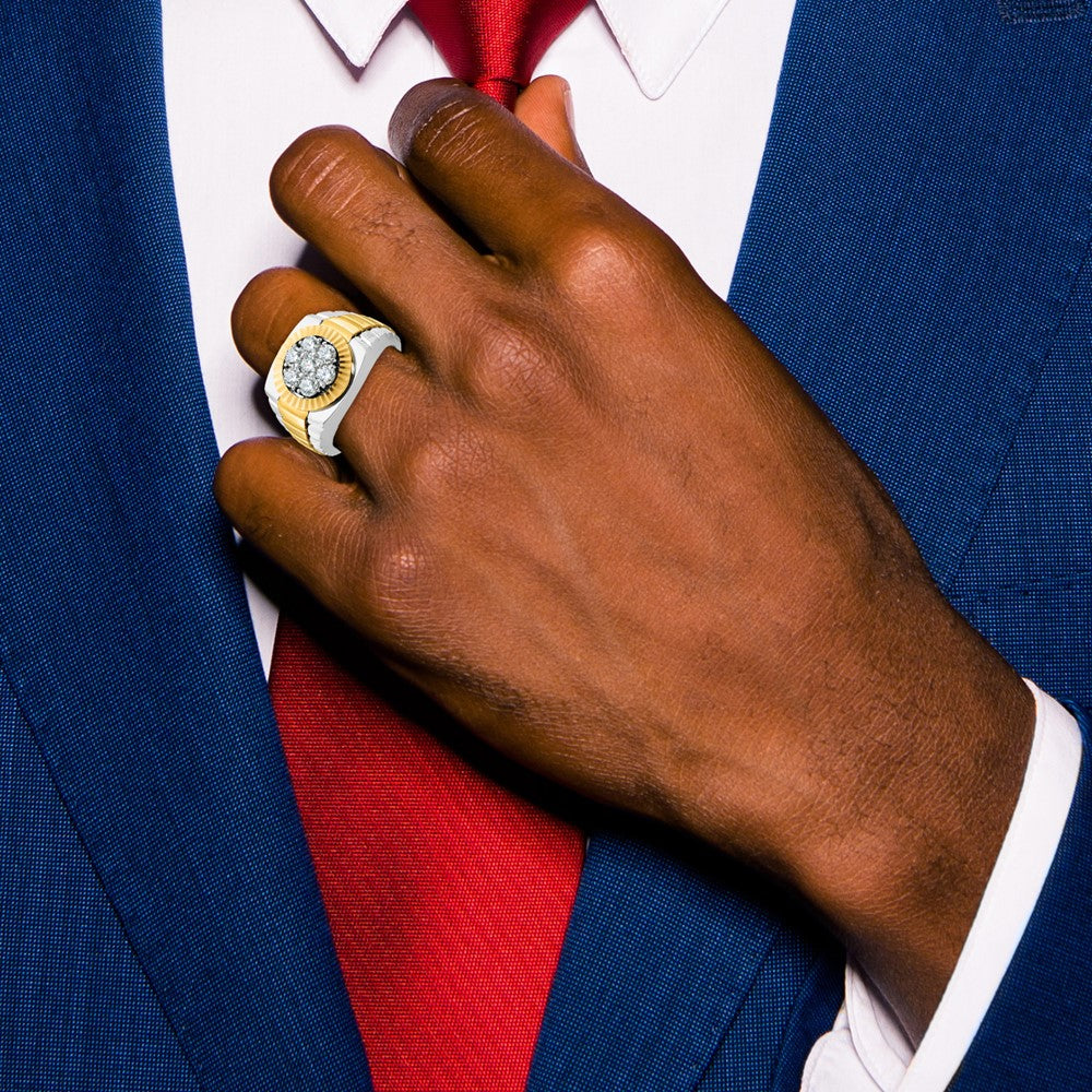 10k Two-tone IBGoodman Men's Polished Satin & Textured Diamond Ring