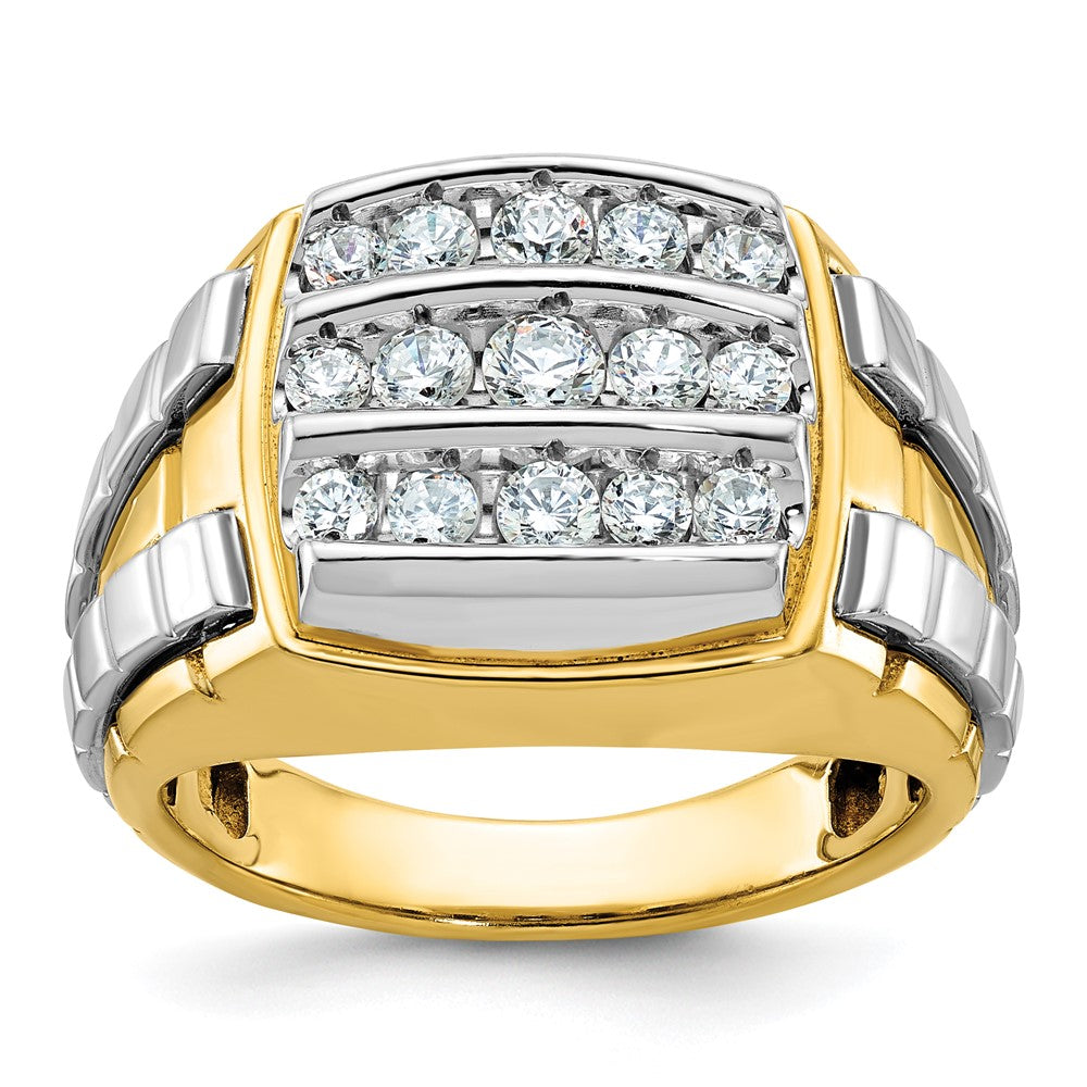 14ktt IBGoodman Men's Polished & Grooved 3-Row Diamond Cluster Ring