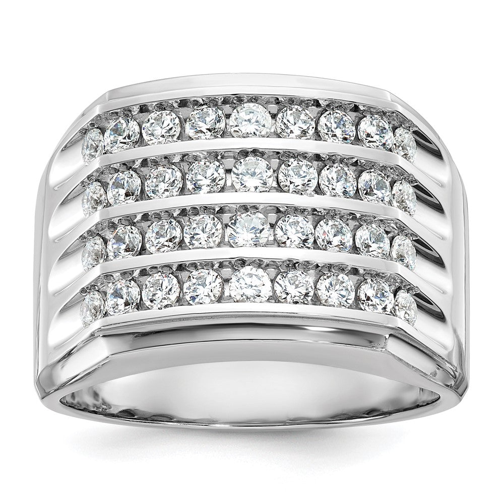 14k White Gold IBGoodman Men's Polished & Grooved 4-Row Dia Ring