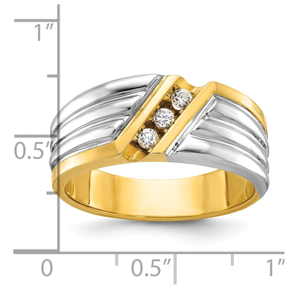 14ktt IBGoodman Men's Polished and Grooved 3-Stone Diamond Ring