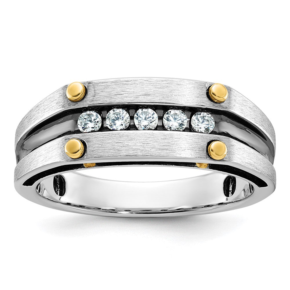 14ktt w/ Blk RH IBGoodman Men's Satin/Grooved 5-Stone Diamond Ring