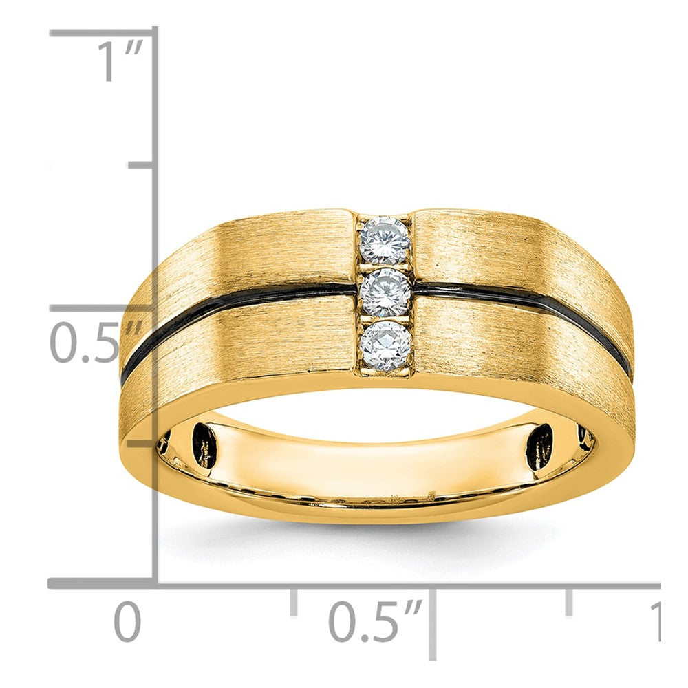 10k w/ Blk RH IBGoodman Men's Satin/Grooved 3-Stone A Dia Ring