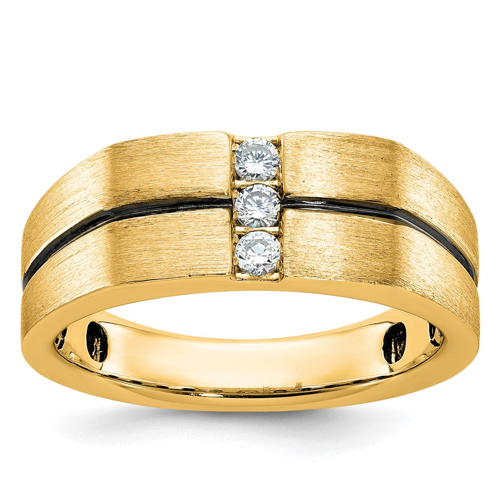 10k w/ Blk RH IBGoodman Men's Satin/Grooved 3-Stone A Dia Ring