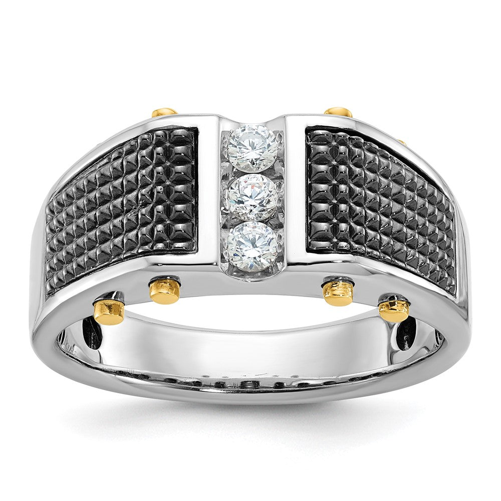 14ktt w/ Black RH IBGoodman Men's Textured 3-Stone Diamond Ring