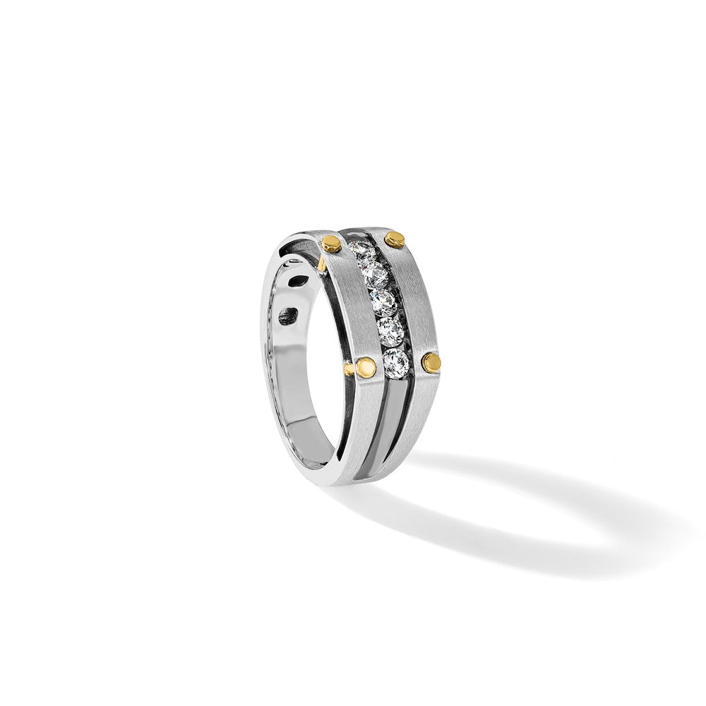 14ktt w/ Blk RH IBGoodman Men's Satin/Grooved 5-Stone Diamond Ring