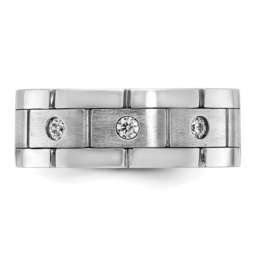 14k White Gold 3 Stone Polished Satin and Grooved Men's Ring Mounting