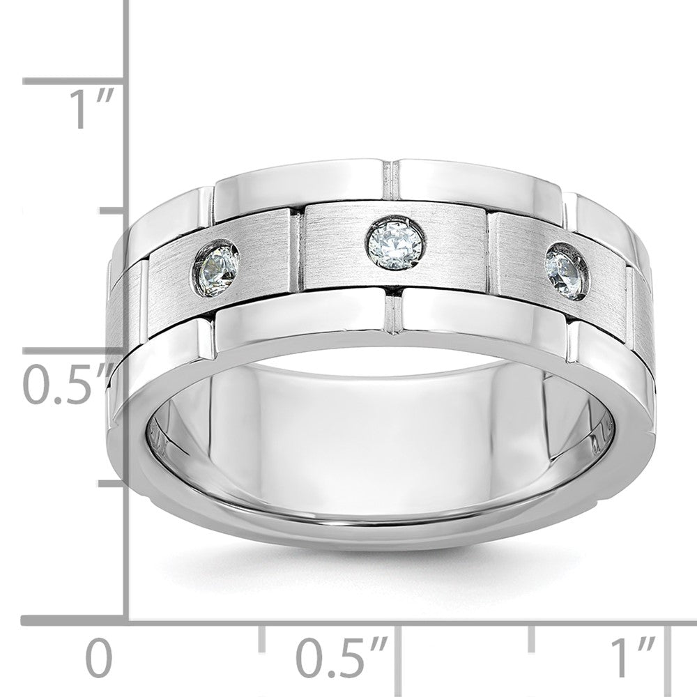 14k White Gold 3 Stone Polished Satin and Grooved Men's Ring Mounting