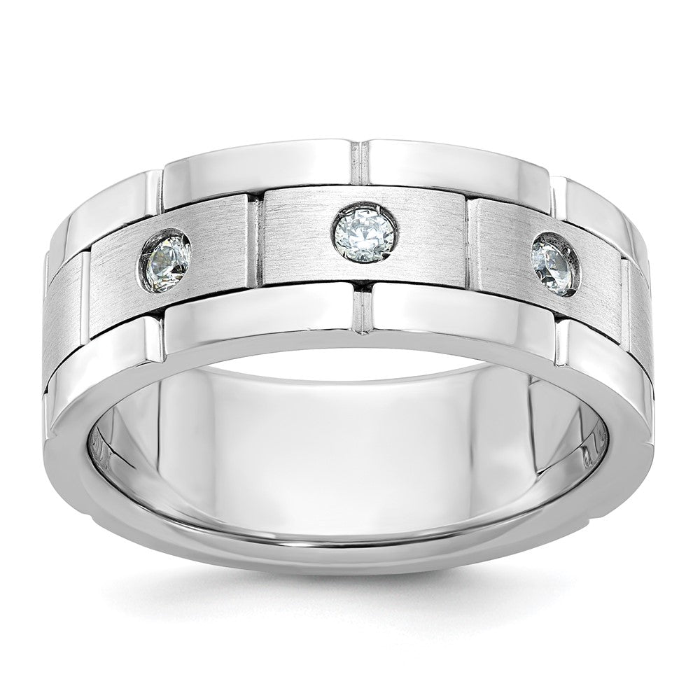 14k White Gold 3 Stone Polished Satin and Grooved Men's Ring Mounting