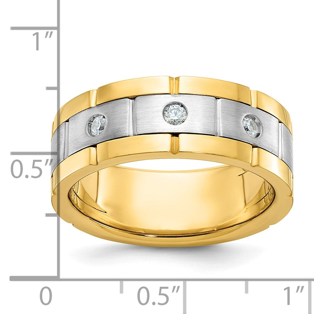 14ktt IBGoodman Men's Satin & Grooved 3-Stone AA Diamond Ring