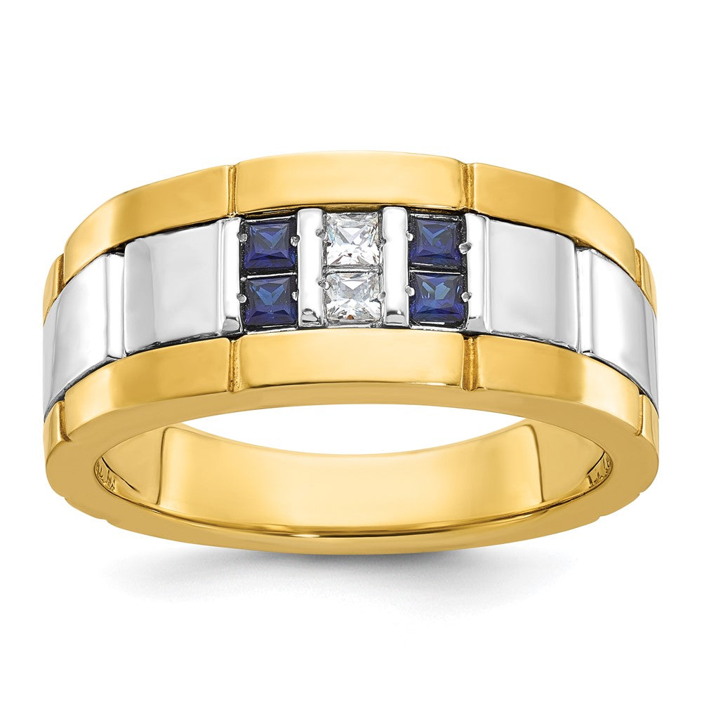 14ktt IBGoodman Men's Polished & Grooved Cr. Sapphire & Diamond Ring
