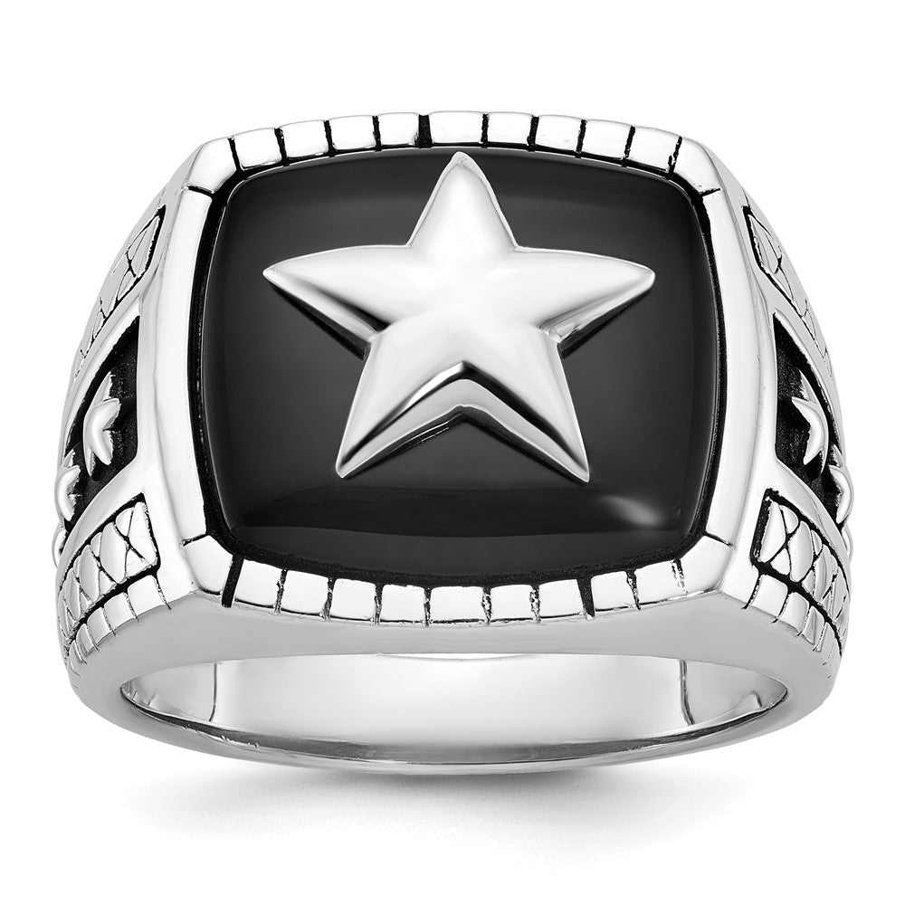 14k White Gold IBGoodman Men's Antiqued Onyx Complete Star Ring